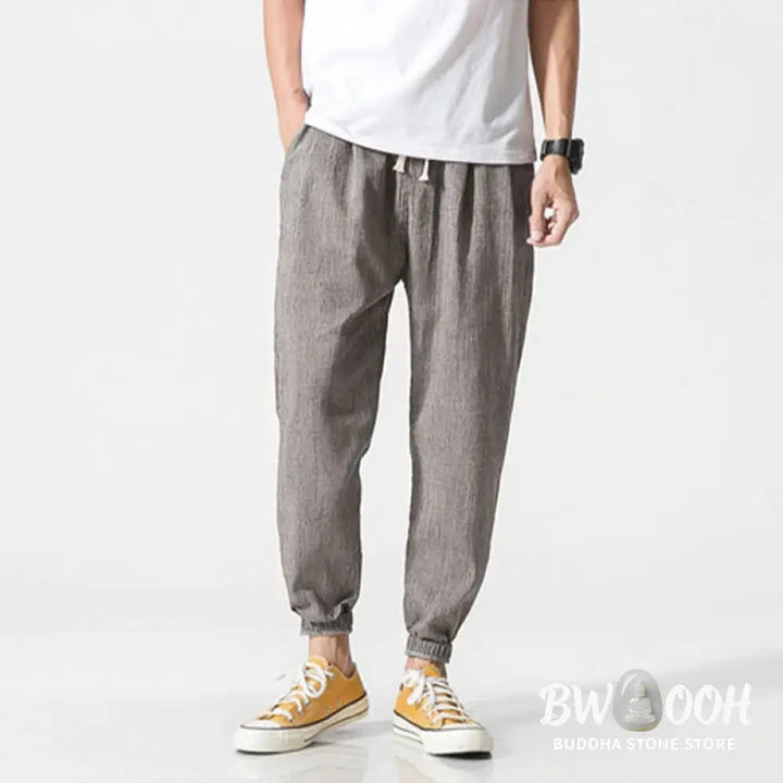 Buddha Stones Simple Drawstring Design Linen Men&