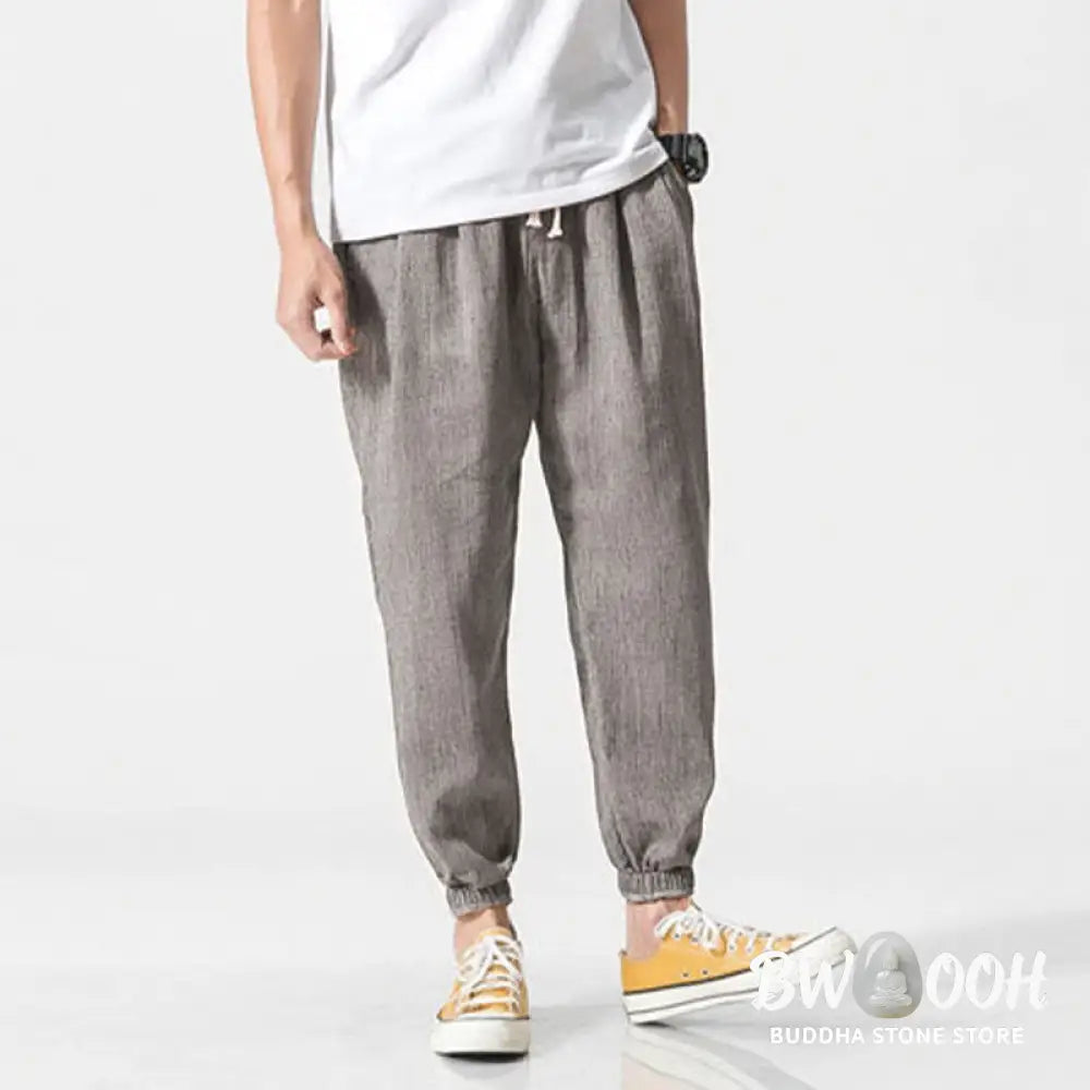 Buddha Stones Simple Drawstring Design Linen Men&