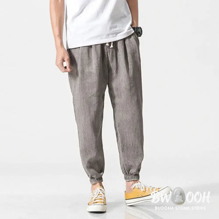 Buddha Stones Simple Drawstring Design Linen Men&