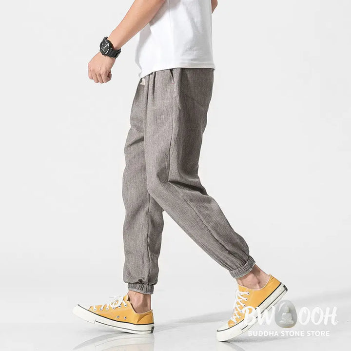 Buddha Stones Simple Drawstring Design Linen Men&
