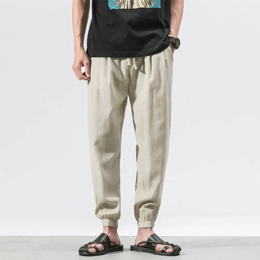 Buddha Stones Simple Drawstring Design Linen Men&
