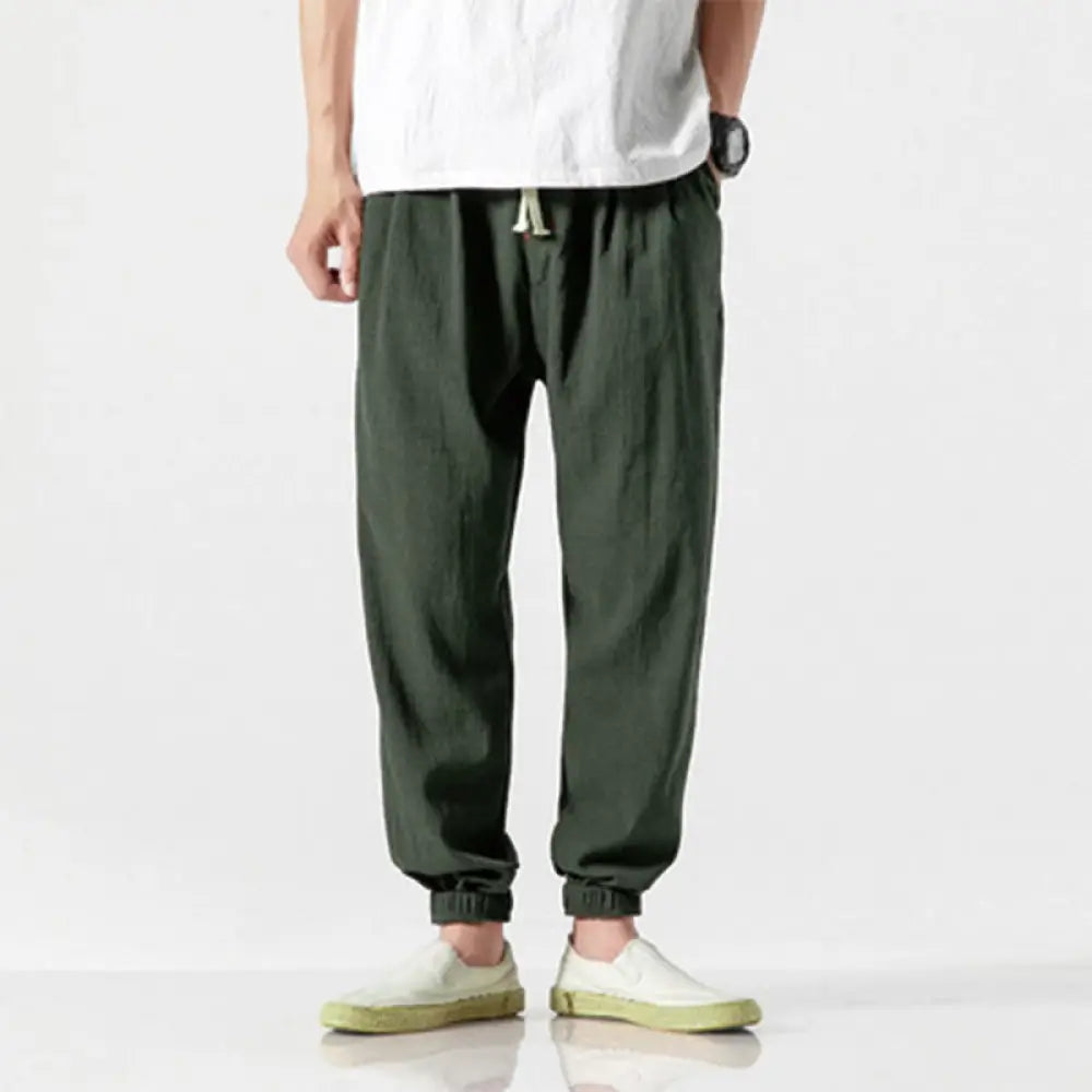 Buddha Stones Simple Drawstring Design Linen Men&