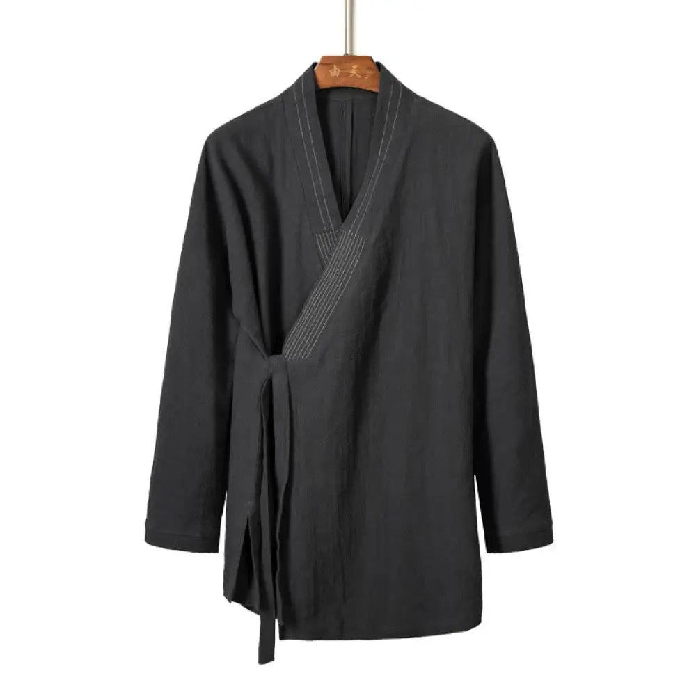 Buddha Stones Simple Fall Lace-up Cotton Linen Men Jacket Coat Zen Clothing - LightSlateGray / US/UK/AU36，EU46 (L)