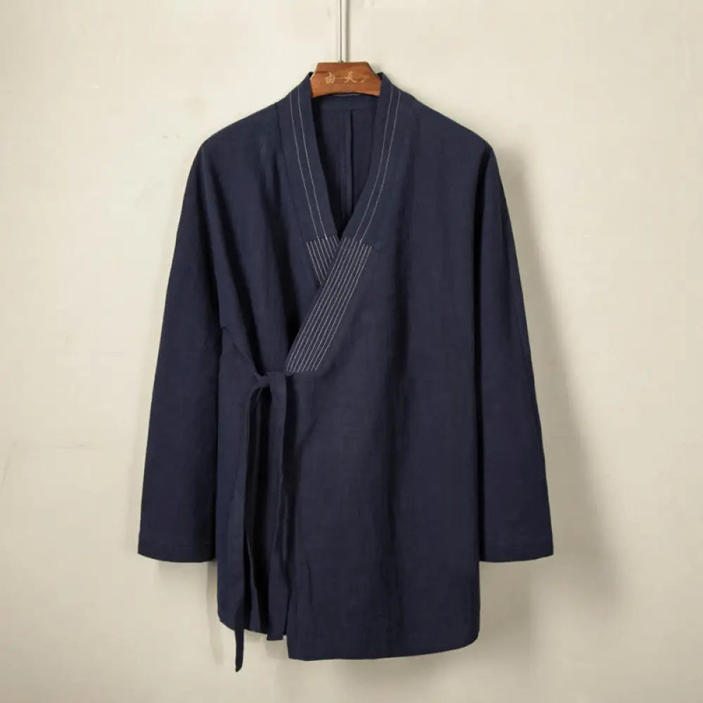 Buddha Stones Simple Fall Lace-up Cotton Linen Men Jacket Coat Zen Clothing - SteelBlue / US/UK/AU36，EU46 (L) - Men’s
