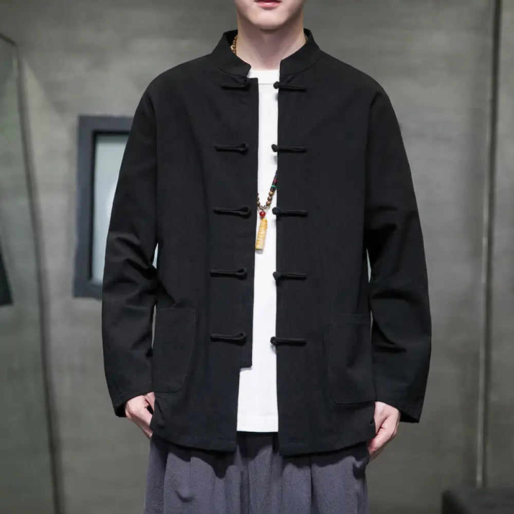 Buddha Stones Simple Frog-Button Chinese Tang Suit Cotton Men Jacket Shirt With Pockets - Black / US/UK/AU36，EU46 (L)