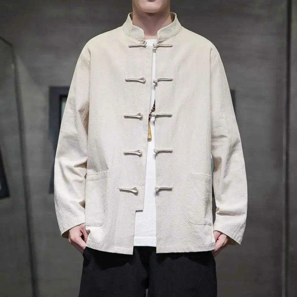 Buddha Stones Simple Frog-Button Chinese Tang Suit Cotton Men Jacket Shirt With Pockets - Linen / US/UK/AU36，EU46 (L)
