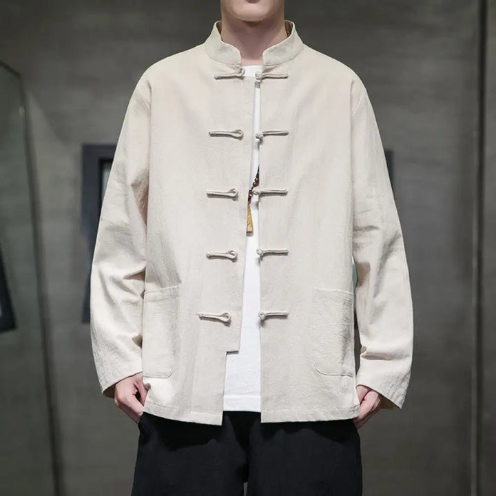 Buddha Stones Simple Frog-Button Chinese Tang Suit Cotton Men Jacket Shirt With Pockets - Linen / US/UK/AU36，EU46 (L)
