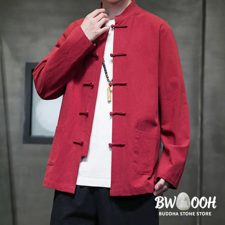 Buddha Stones Simple Frog-Button Chinese Tang Suit Cotton Men Jacket Shirt With Pockets - Men’s Jacket Shirt