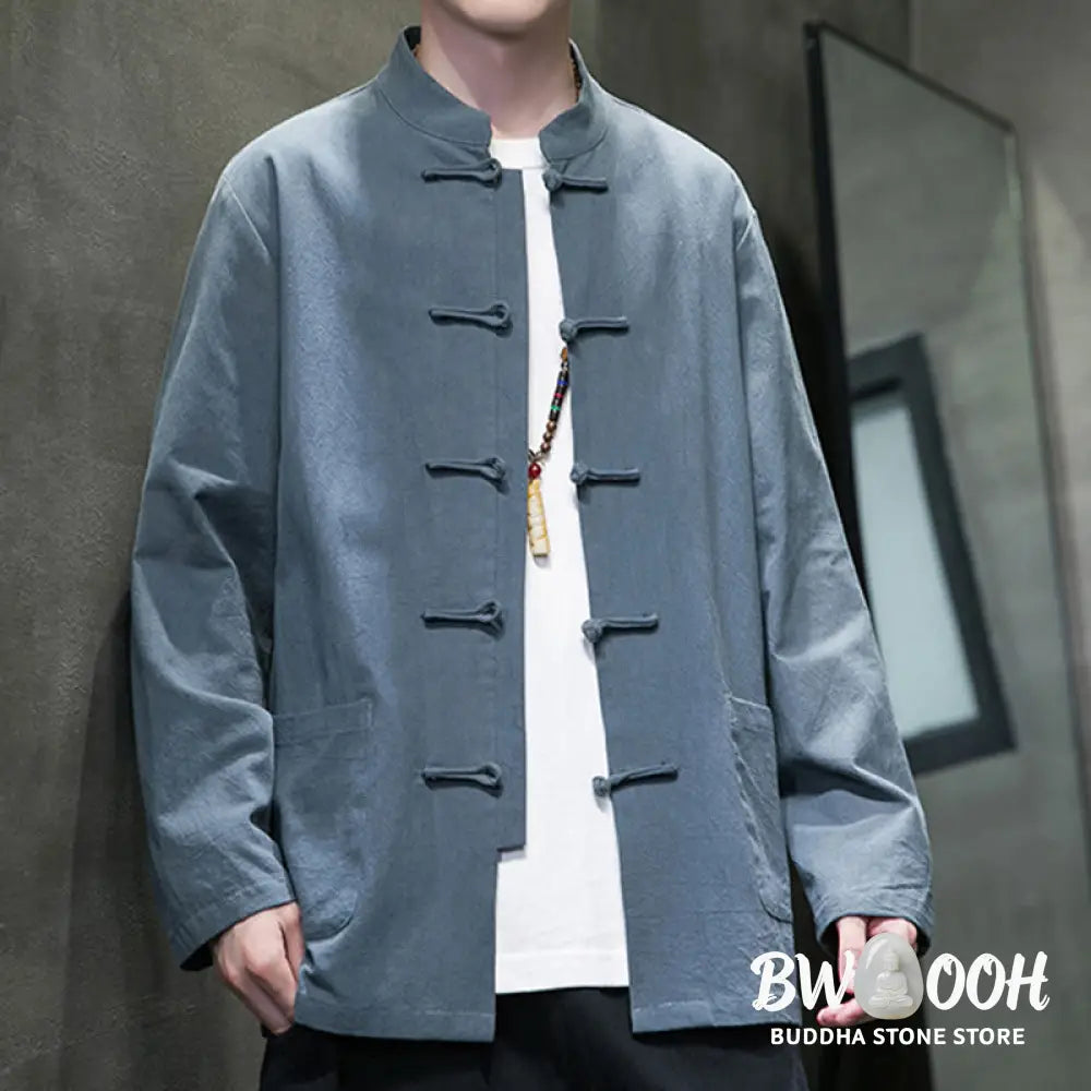 Buddha Stones Simple Frog-Button Chinese Tang Suit Cotton Men Jacket Shirt With Pockets - Men’s Jacket Shirt