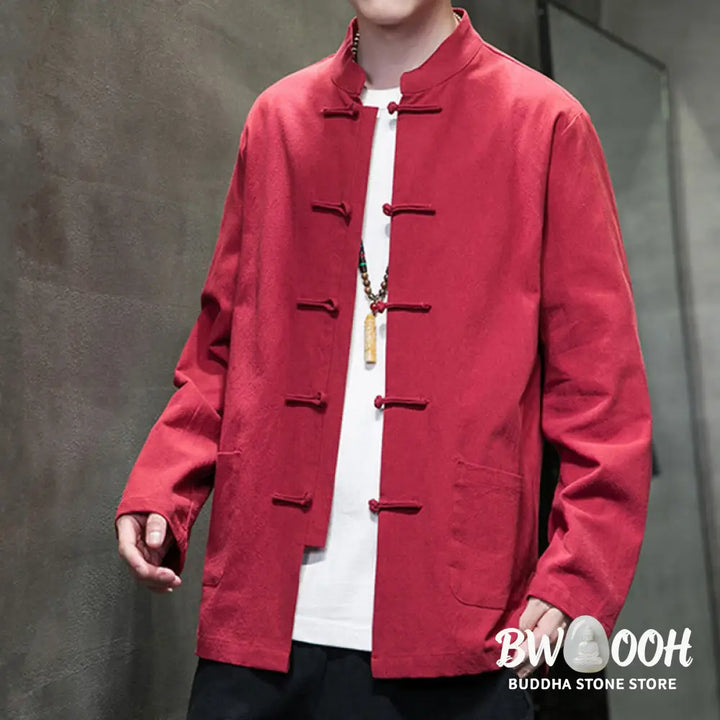 Buddha Stones Simple Frog-Button Chinese Tang Suit Cotton Men Jacket Shirt With Pockets - Men’s Jacket Shirt