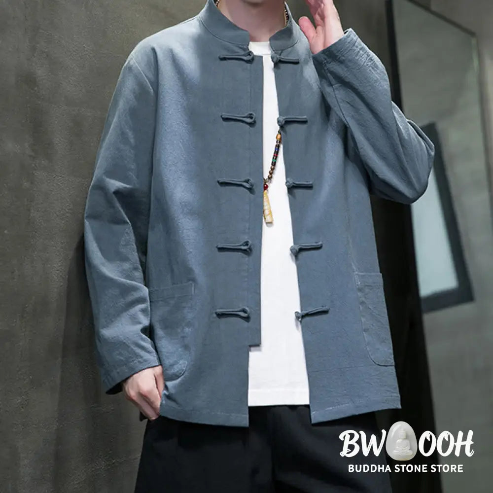 Buddha Stones Simple Frog-Button Chinese Tang Suit Cotton Men Jacket Shirt With Pockets - Men’s Jacket Shirt