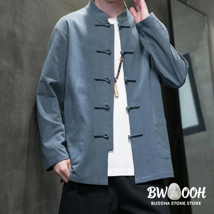 Buddha Stones Simple Frog-Button Chinese Tang Suit Cotton Men Jacket Shirt With Pockets - Men’s Jacket Shirt