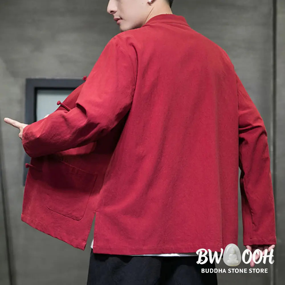 Buddha Stones Simple Frog-Button Chinese Tang Suit Cotton Men Jacket Shirt With Pockets - Men’s Jacket Shirt