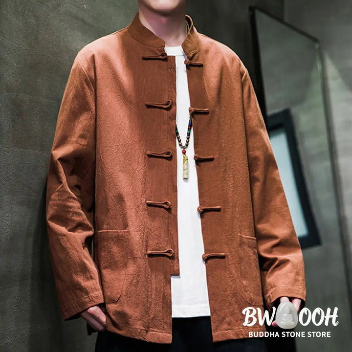 Buddha Stones Simple Frog-Button Chinese Tang Suit Cotton Men Jacket Shirt With Pockets - Men’s Jacket Shirt