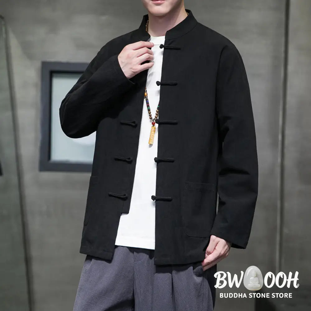 Buddha Stones Simple Frog-Button Chinese Tang Suit Cotton Men Jacket Shirt With Pockets - Men’s Jacket Shirt