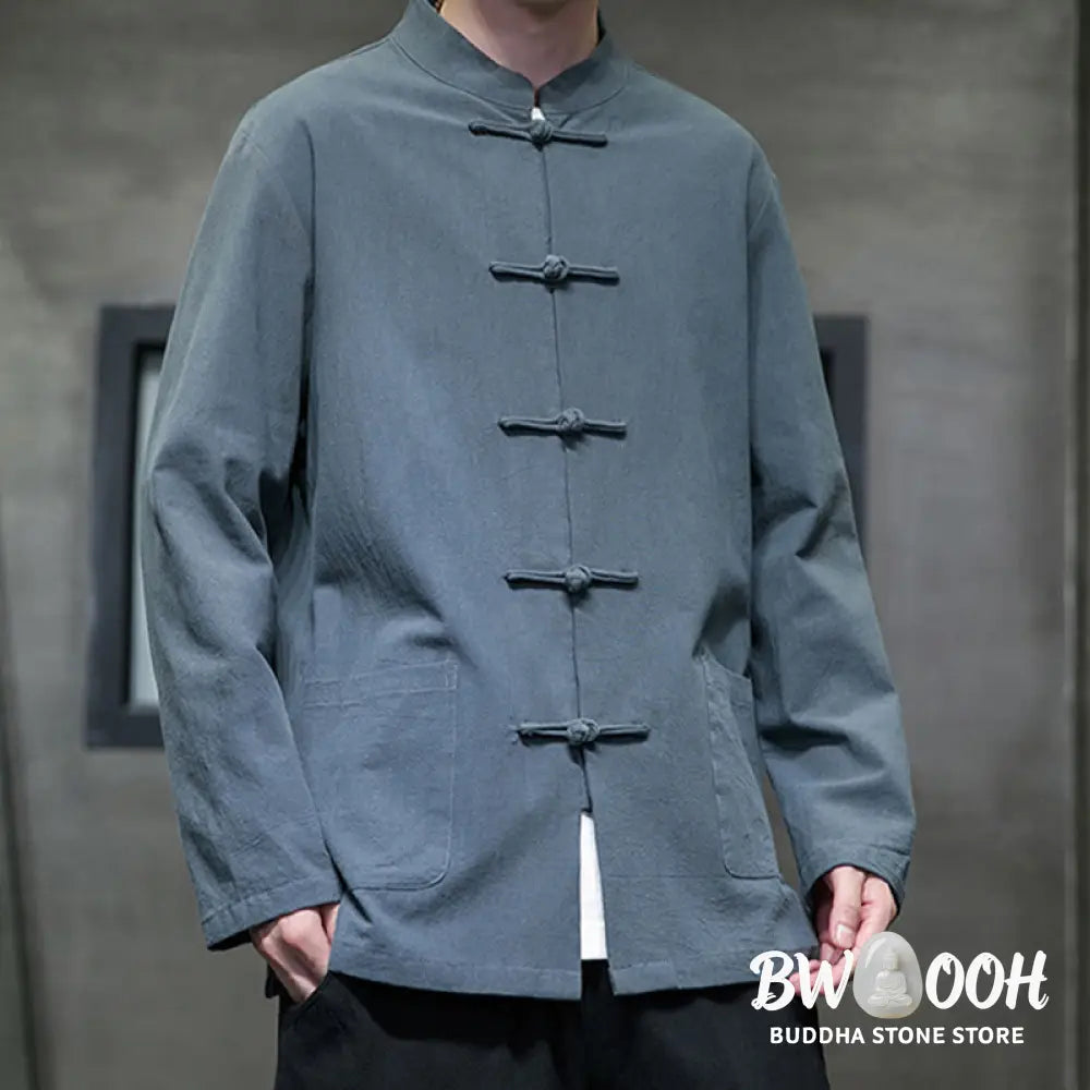 Buddha Stones Simple Frog-Button Chinese Tang Suit Cotton Men Jacket Shirt With Pockets - Men’s Jacket Shirt