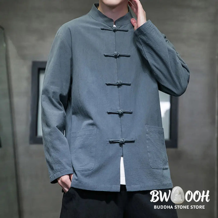 Buddha Stones Simple Frog-Button Chinese Tang Suit Cotton Men Jacket Shirt With Pockets - Men’s Jacket Shirt