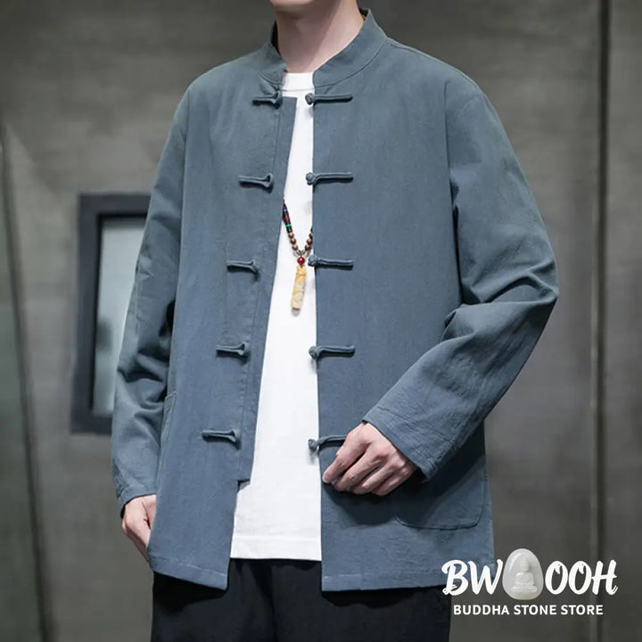 Buddha Stones Simple Frog-Button Chinese Tang Suit Cotton Men Jacket Shirt With Pockets - Men’s Jacket Shirt