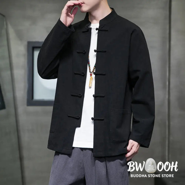 Buddha Stones Simple Frog-Button Chinese Tang Suit Cotton Men Jacket Shirt With Pockets - Men’s Jacket Shirt