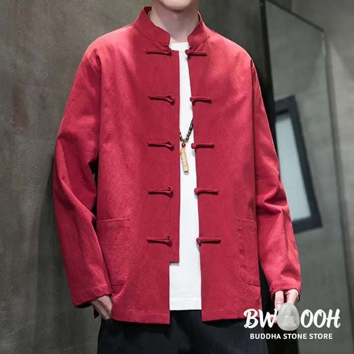 Buddha Stones Simple Frog-Button Chinese Tang Suit Cotton Men Jacket Shirt With Pockets - Men’s Jacket Shirt