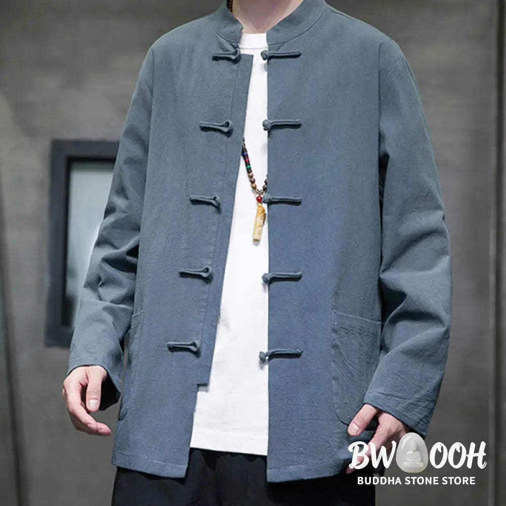 Buddha Stones Simple Frog-Button Chinese Tang Suit Cotton Men Jacket Shirt With Pockets - Men’s Jacket Shirt
