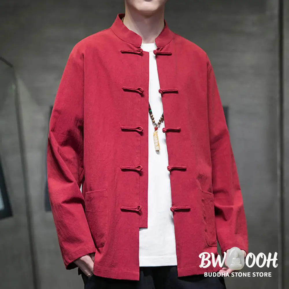 Buddha Stones Simple Frog-Button Chinese Tang Suit Cotton Men Jacket Shirt With Pockets - Men’s Jacket Shirt