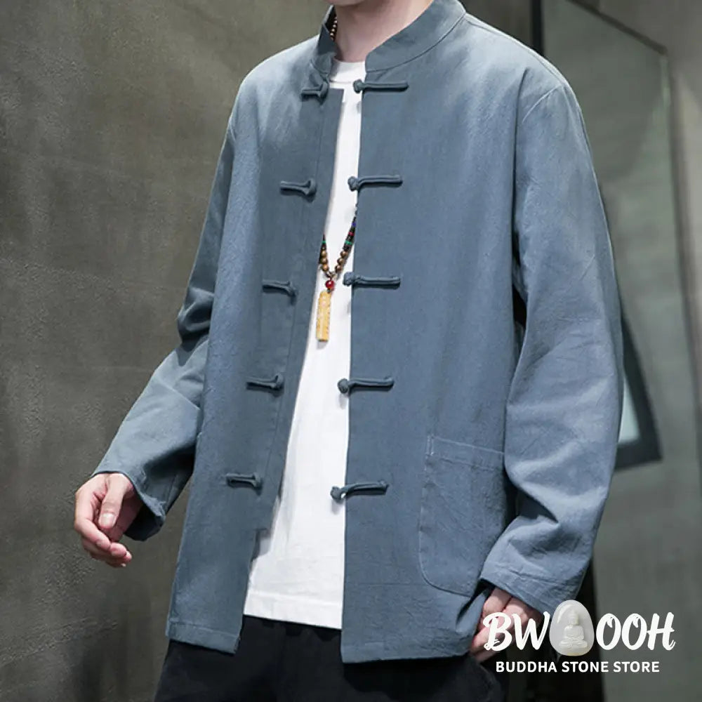 Buddha Stones Simple Frog-Button Chinese Tang Suit Cotton Men Jacket Shirt With Pockets - Men’s Jacket Shirt