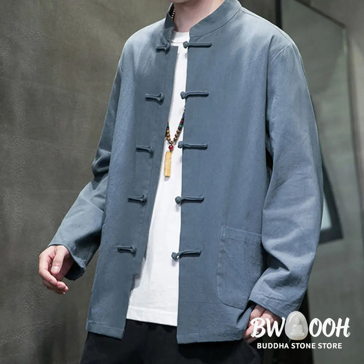 Buddha Stones Simple Frog-Button Chinese Tang Suit Cotton Men Jacket Shirt With Pockets - Men’s Jacket Shirt