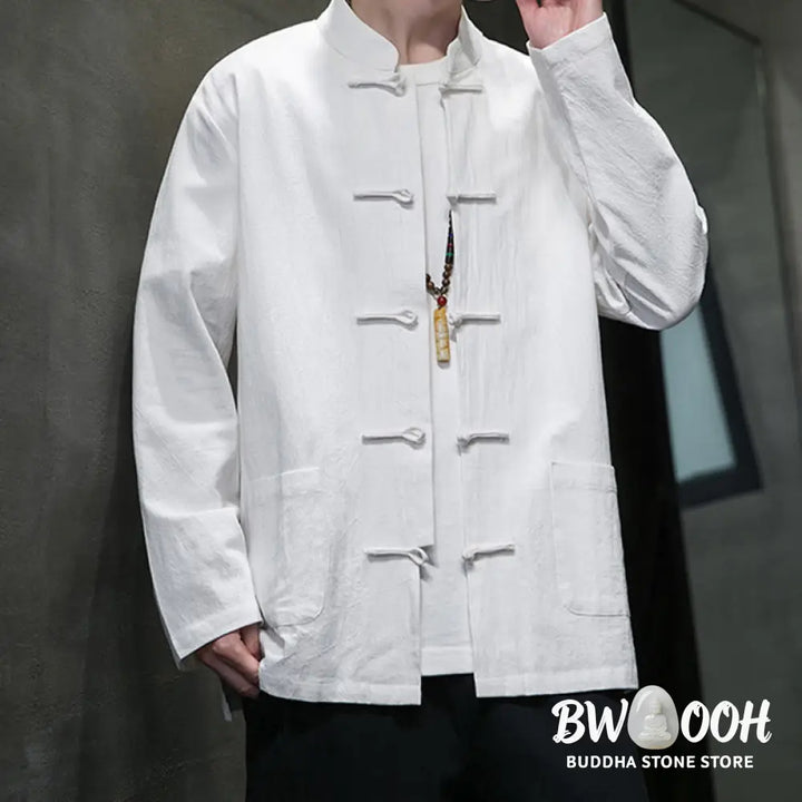 Buddha Stones Simple Frog-Button Chinese Tang Suit Cotton Men Jacket Shirt With Pockets - Men’s Jacket Shirt