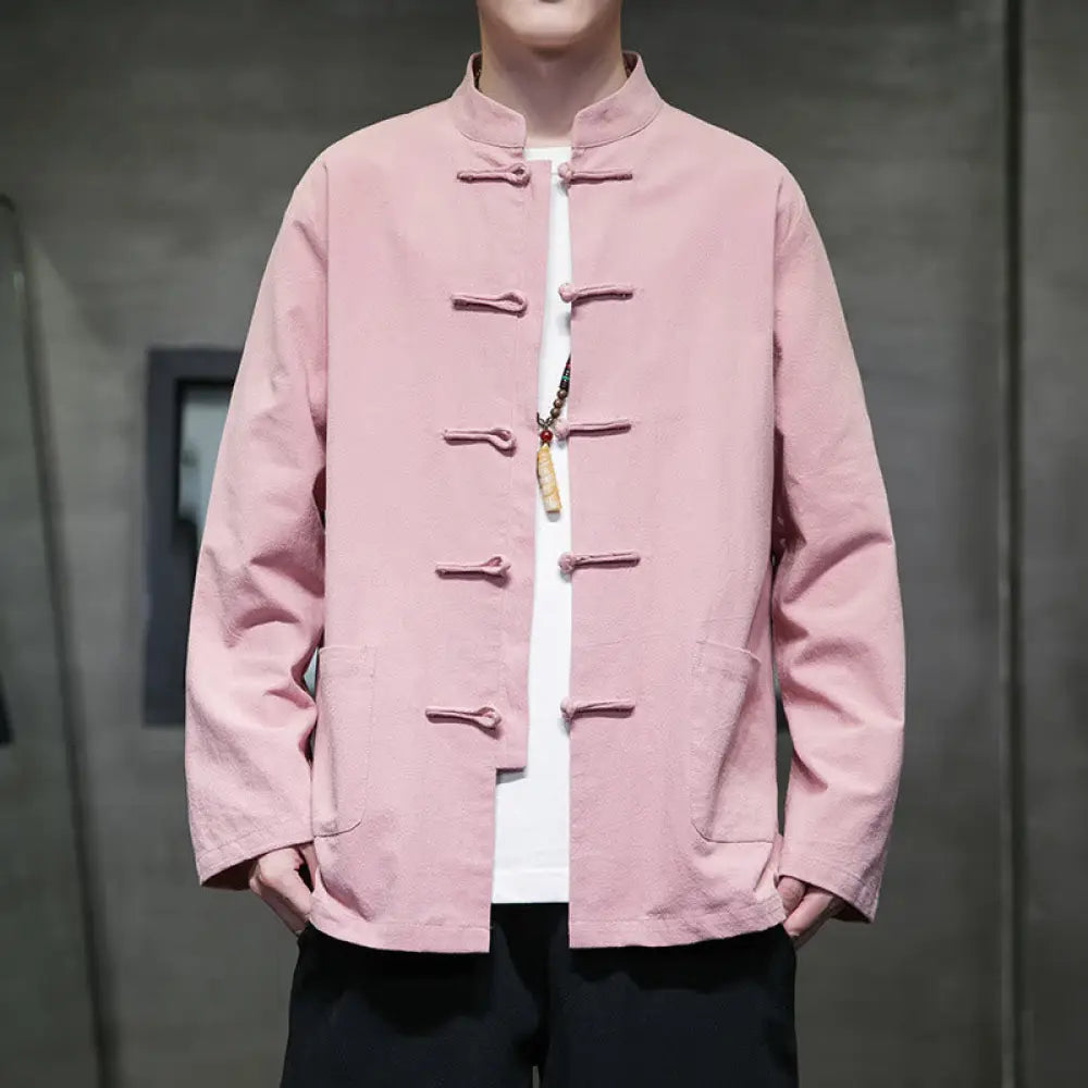 Buddha Stones Simple Frog-Button Chinese Tang Suit Cotton Men Jacket Shirt With Pockets - Pink / US/UK/AU36，EU46 (L)