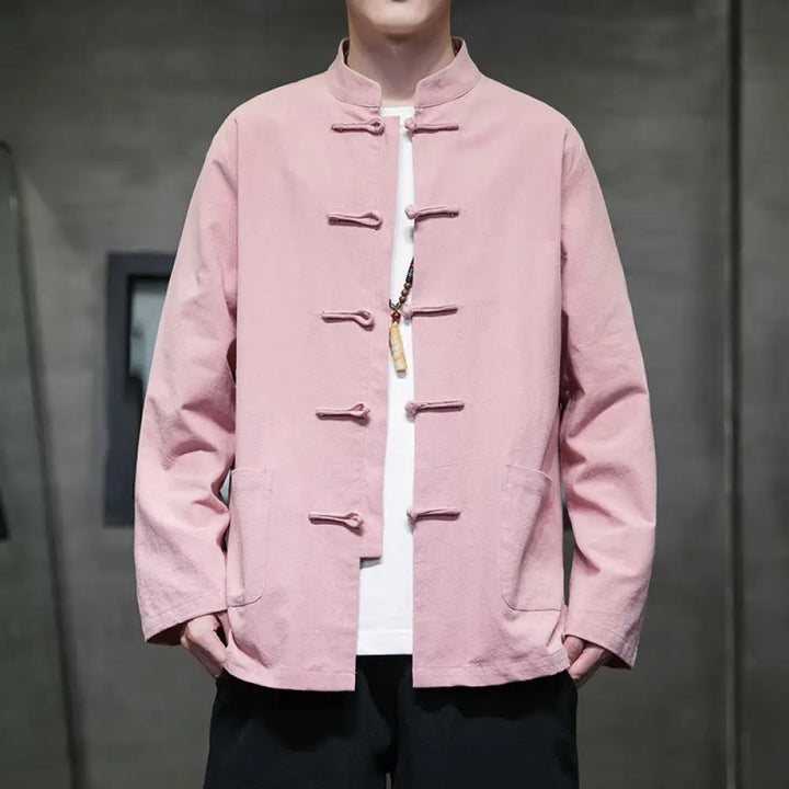 Buddha Stones Simple Frog-Button Chinese Tang Suit Cotton Men Jacket Shirt With Pockets - Pink / US/UK/AU36，EU46 (L)
