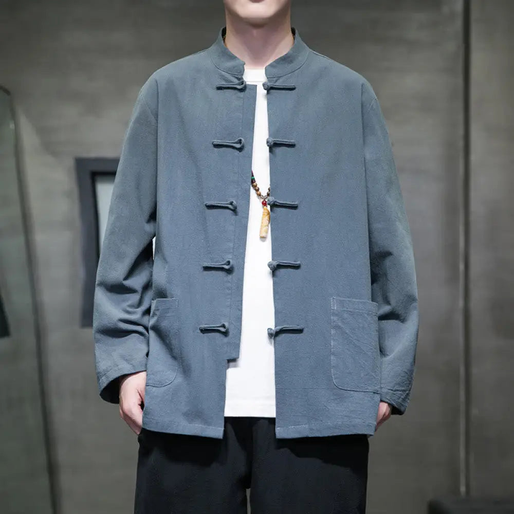 Buddha Stones Simple Frog-Button Chinese Tang Suit Cotton Men Jacket Shirt With Pockets - PowderBlue / US/UK/AU36，EU46