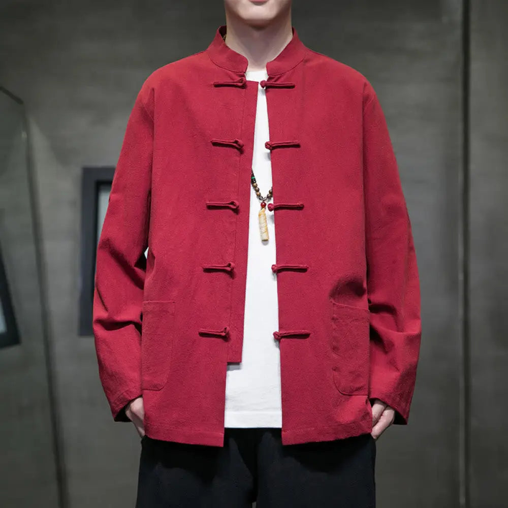 Buddha Stones Simple Frog-Button Chinese Tang Suit Cotton Men Jacket Shirt With Pockets - Red / US/UK/AU36，EU46 (L)