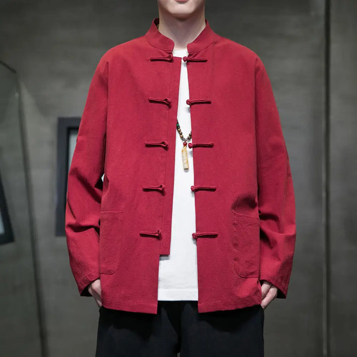 Buddha Stones Simple Frog-Button Chinese Tang Suit Cotton Men Jacket Shirt With Pockets - Red / US/UK/AU36，EU46 (L)
