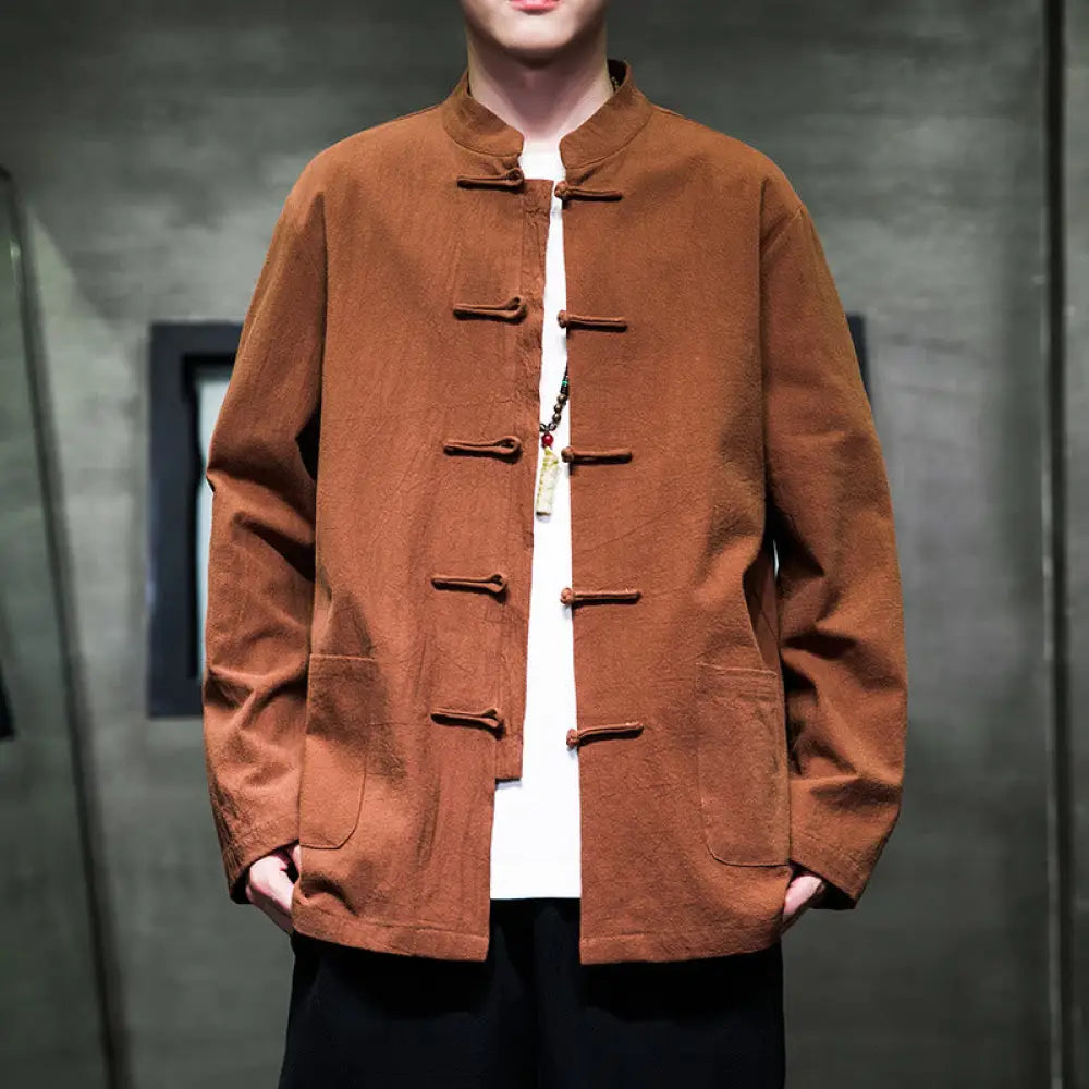Buddha Stones Simple Frog-Button Chinese Tang Suit Cotton Men Jacket Shirt With Pockets - SandyBrown / US/UK/AU36，EU46