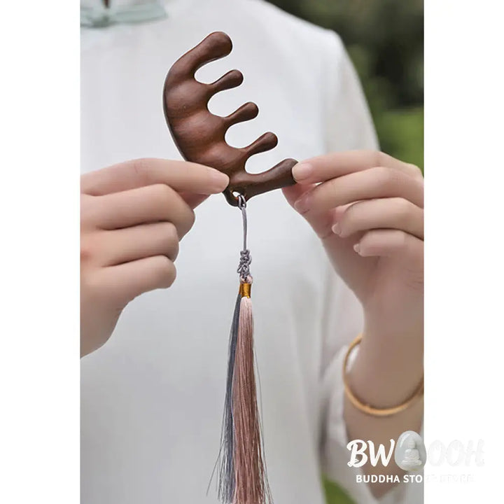 Buddha Stones Simple Green Sandalwood Soothing Tassel Massage Comb - Comb