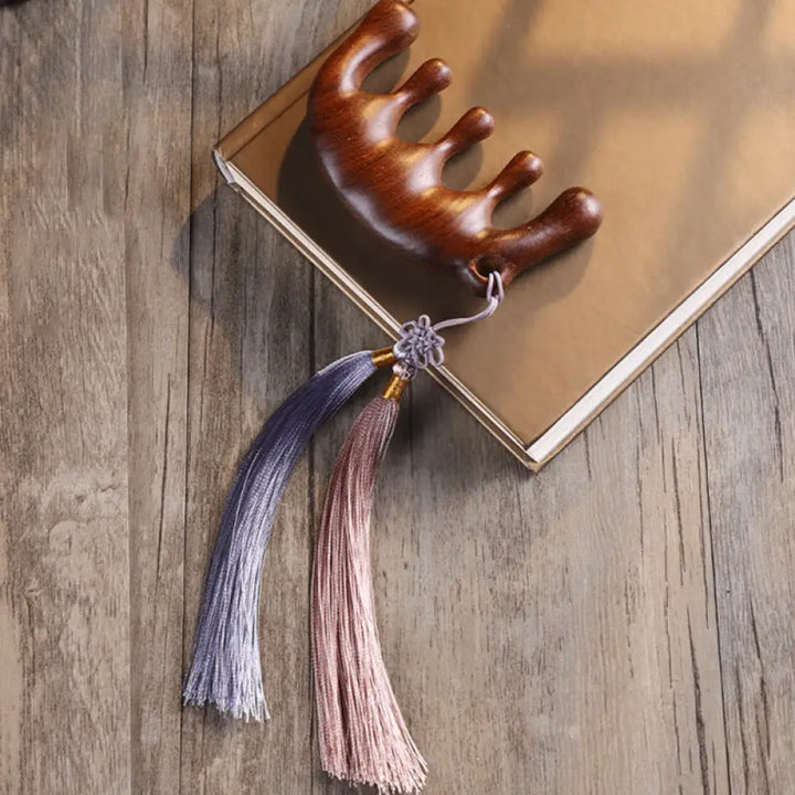 Buddha Stones Simple Green Sandalwood Soothing Tassel Massage Comb - Green Sandalwood Comb(Purple Pink Tassel Style)
