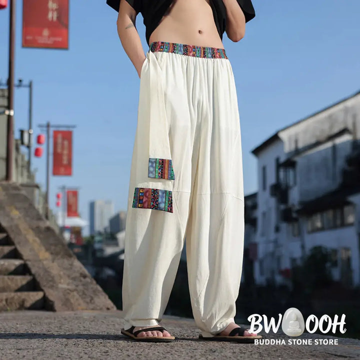 Buddha Stones Simple Patchwork Design Drawstring Soft Cotton Men’s Wide Leg Pants With Pockets - Men’s Wide Leg Pants