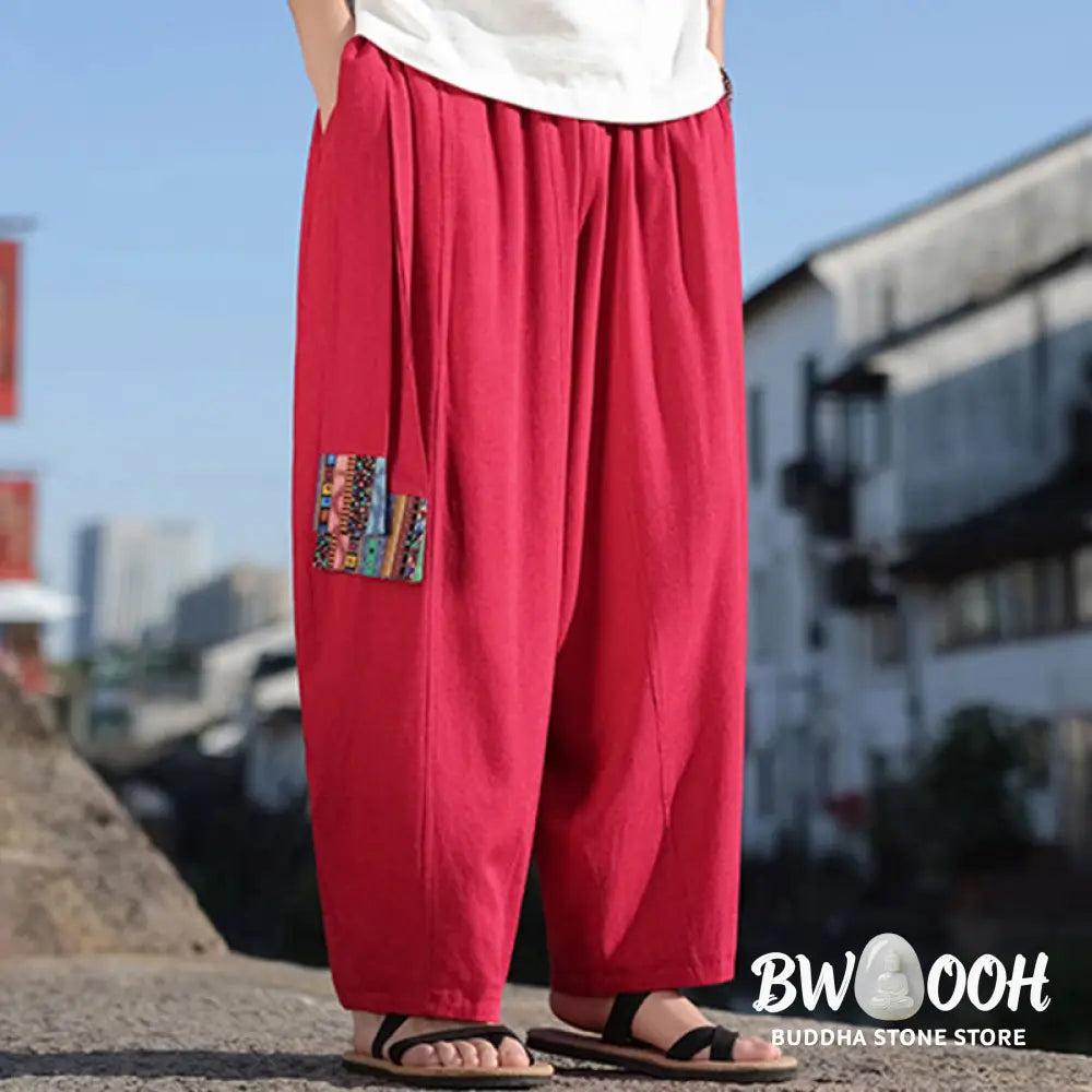 Buddha Stones Simple Patchwork Design Drawstring Soft Cotton Men’s Wide Leg Pants With Pockets - Men’s Wide Leg Pants