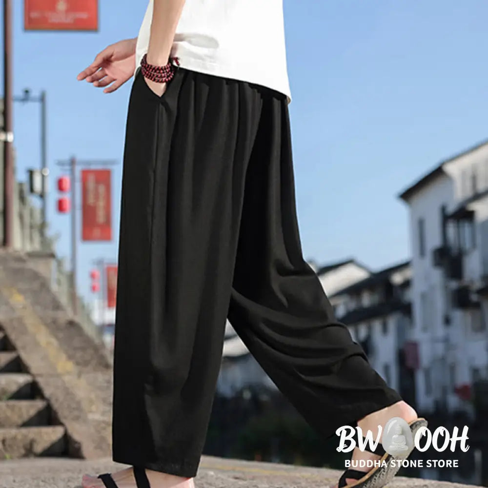 Buddha Stones Simple Patchwork Design Drawstring Soft Cotton Men’s Wide Leg Pants With Pockets - Men’s Wide Leg Pants