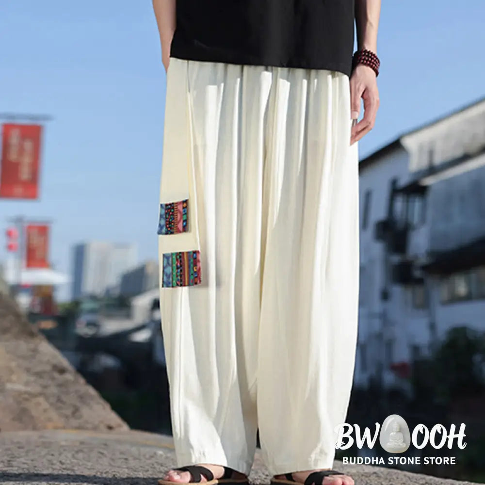 Buddha Stones Simple Patchwork Design Drawstring Soft Cotton Men’s Wide Leg Pants With Pockets - Men’s Wide Leg Pants