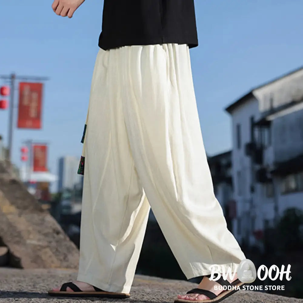 Buddha Stones Simple Patchwork Design Drawstring Soft Cotton Men’s Wide Leg Pants With Pockets - Men’s Wide Leg Pants