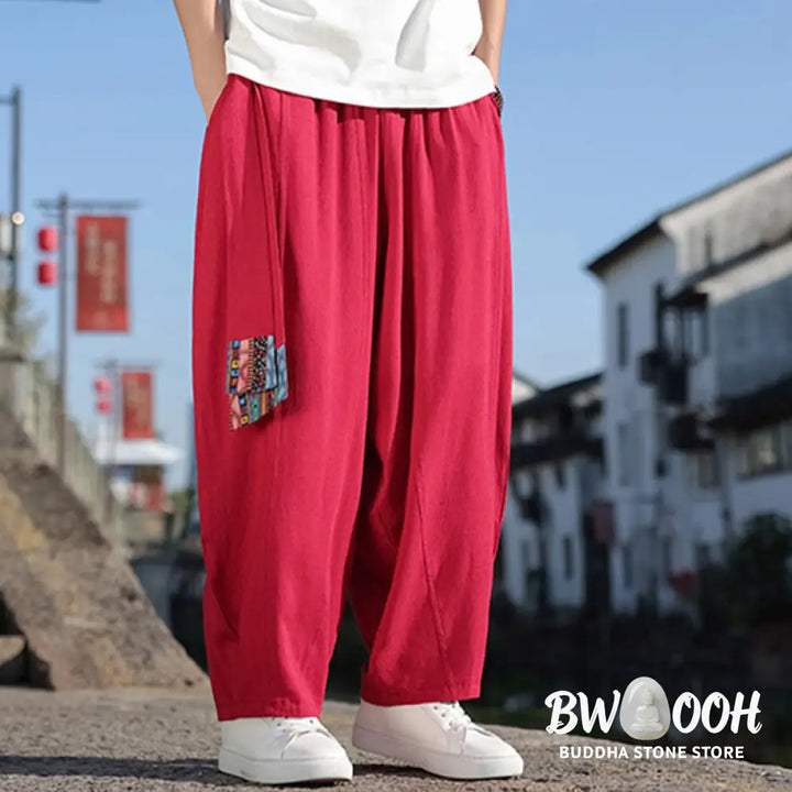 Buddha Stones Simple Patchwork Design Drawstring Soft Cotton Men’s Wide Leg Pants With Pockets - Men’s Wide Leg Pants