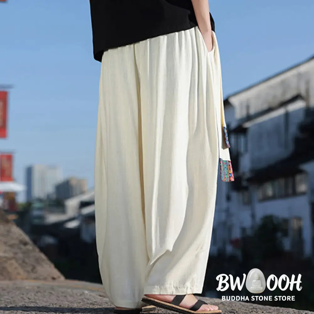 Buddha Stones Simple Patchwork Design Drawstring Soft Cotton Men’s Wide Leg Pants With Pockets - Men’s Wide Leg Pants