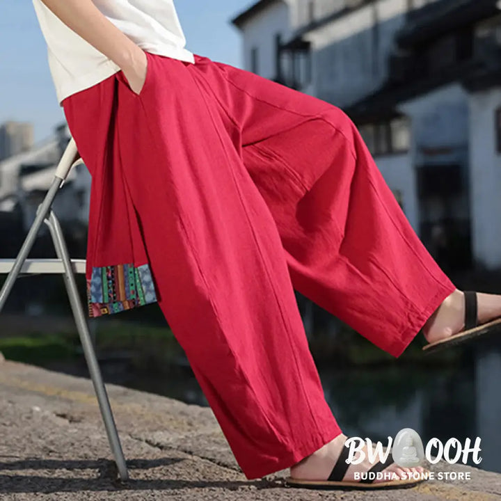 Buddha Stones Simple Patchwork Design Drawstring Soft Cotton Men’s Wide Leg Pants With Pockets - Men’s Wide Leg Pants
