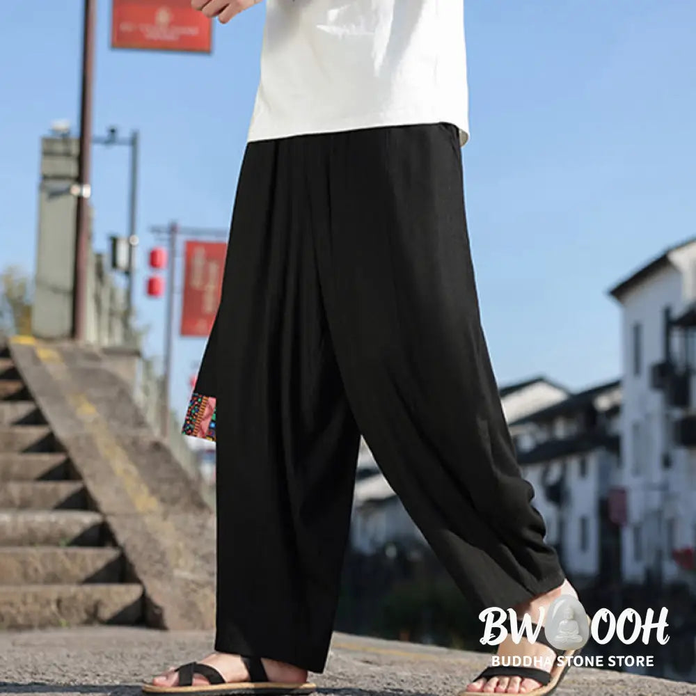 Buddha Stones Simple Patchwork Design Drawstring Soft Cotton Men’s Wide Leg Pants With Pockets - Men’s Wide Leg Pants