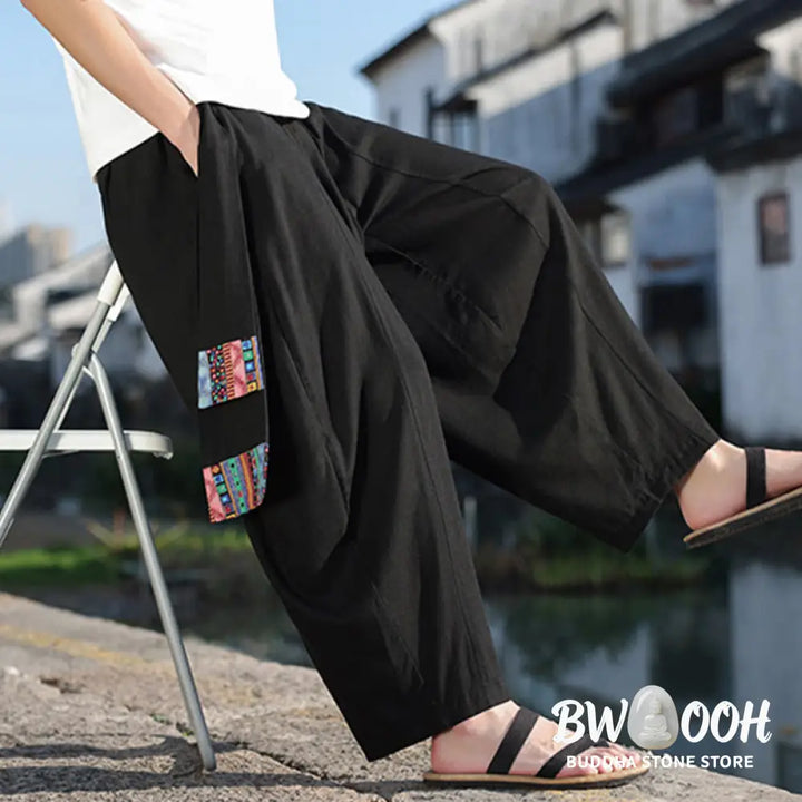 Buddha Stones Simple Patchwork Design Drawstring Soft Cotton Men’s Wide Leg Pants With Pockets - Men’s Wide Leg Pants