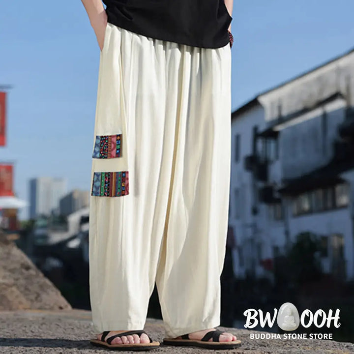 Buddha Stones Simple Patchwork Design Drawstring Soft Cotton Men’s Wide Leg Pants With Pockets - Men’s Wide Leg Pants