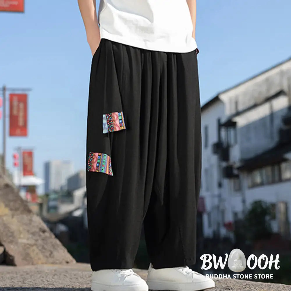 Buddha Stones Simple Patchwork Design Drawstring Soft Cotton Men’s Wide Leg Pants With Pockets - Men’s Wide Leg Pants
