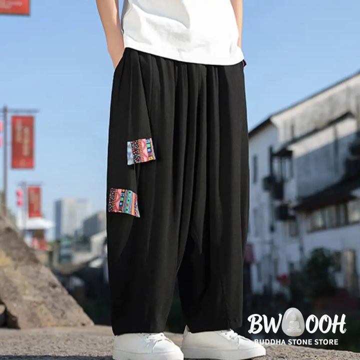 Buddha Stones Simple Patchwork Design Drawstring Soft Cotton Men’s Wide Leg Pants With Pockets - Men’s Wide Leg Pants